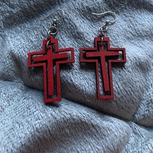 Red wooden cross earrings